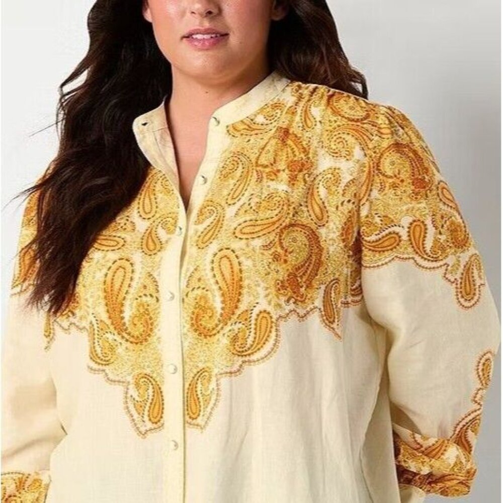 RYEGRASS Linen Top Size Large Golden Paisley Button Down Top Puffy Sleeve